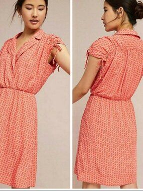 Maeve Orange Graphic Print Collared Shirt Dress Ruched Sleeve Size Medium